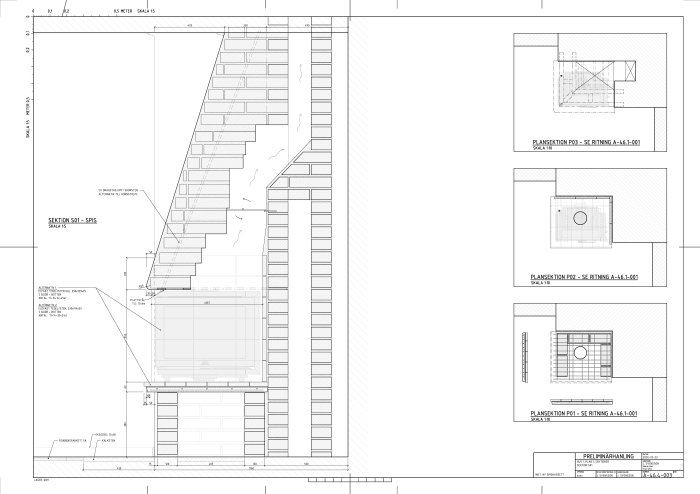 Arkitektonisk ritning av trappa med uppifrån och sektionvyer samt måttangivelser.