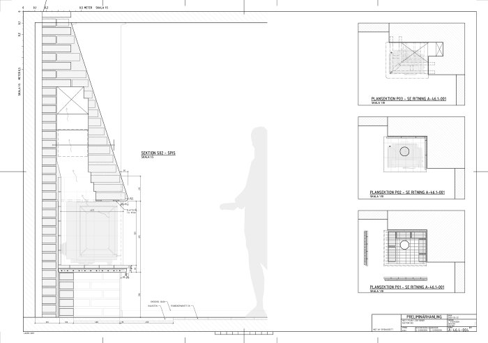 Arkitektonisk uppmätningsritning med sektioner och planvyer av en byggnad.