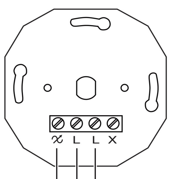 Schematisk illustration av en gammal dimmer med märkning för anslutningar, två bruna och en svart tråd kopplade felaktigt.