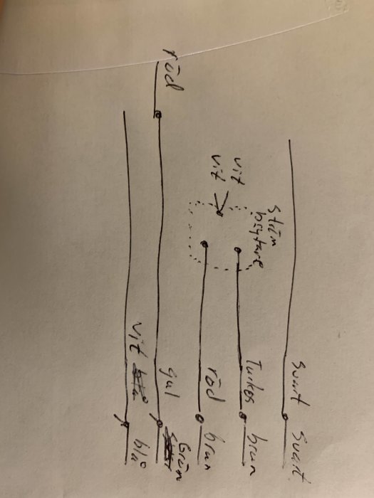 Handritad skiss på A4-papper som föreställer elinstallation med märkta kablar och kopplingar.