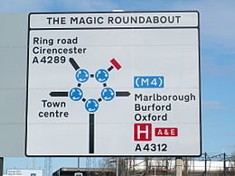 Vägskylt för "The Magic Roundabout" med flera cirkulationsplatser och pilmarkeringar.