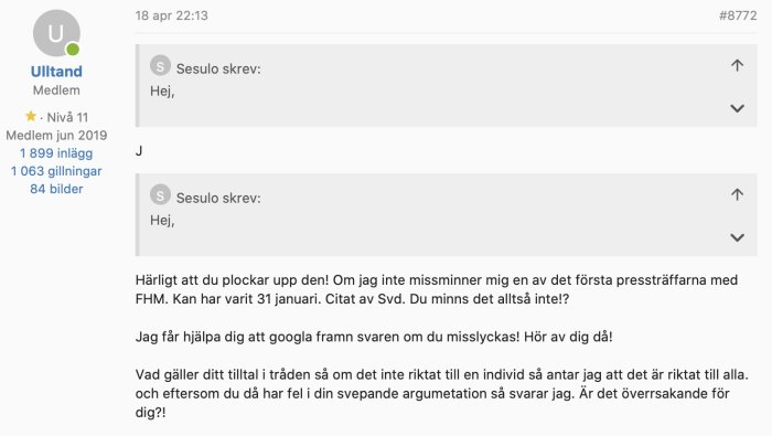 Skärmdump av ett användarinlägg på ett diskussionsforum.