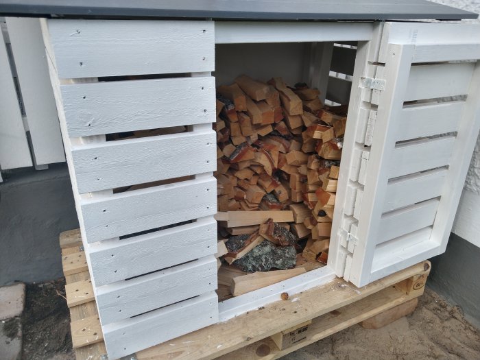 Vit vedförvaringslåda fylld med vedklabbar och öppen vita lucka visar vedmängden inuti.