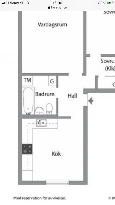 Planritning av en 2a med vardagsrum, sovrum, badrum och kök som visar tjocka väggar möjligtvis bärande.