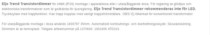 Textdokument beskriver Eljo Trend Transistordimmer som inte rekommenderas för LED och har specifika artikelnummer.