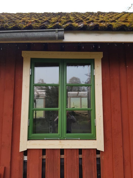 Nymålat grönt fönster med foder på röd stuga, snett monterat mot lutande grund.