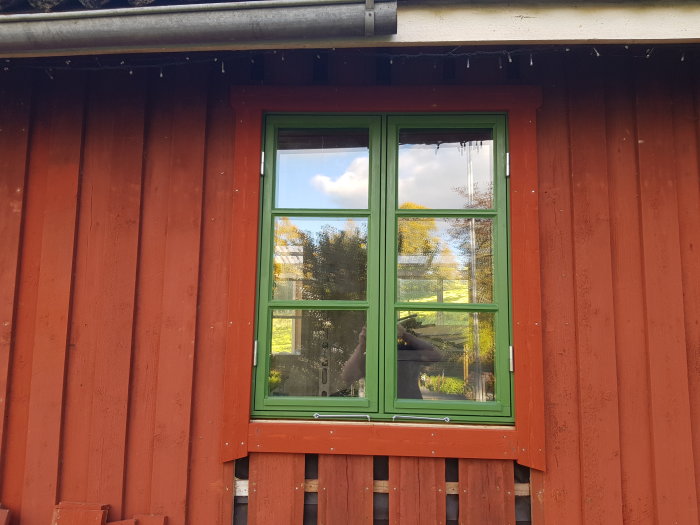 Nymålat grönt fönster på röd stugvägg, lite snett, med reflektion av träd och himmel.
