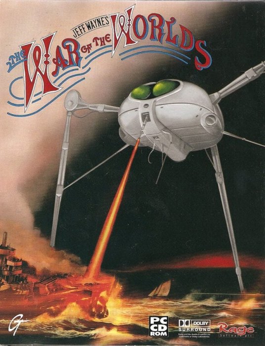 Omslagsbild för datorspelet "The War of the Worlds" som visar ett tripodbaserat farkost som avfyrar lasrar.