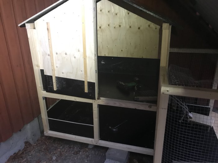 Nybyggt litet trähus med öppen dörr och synliga hyresgäster, som är fjäderfän.