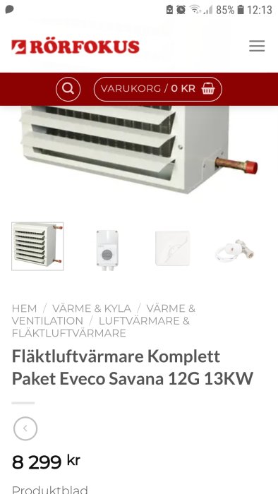 Fläktluftvärmare Eveco Savana på mobilskärm, vit med röda röranslutningar, från onlinebutiken Rörfokus.