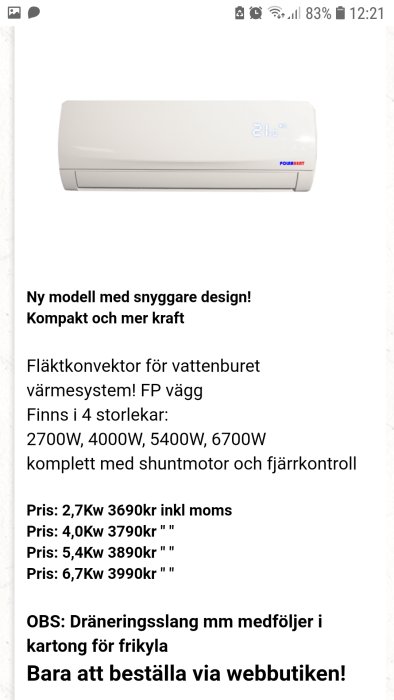 Värmepump av märket POWERHEAT visande temperaturdisplay på en vit vägg.