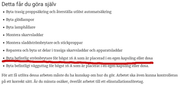 Skärmdump av Elsäkerhetsverkets hemsida som visar regler för elarbeten man får göra själv, markerat avsnitt om strömbrytare.