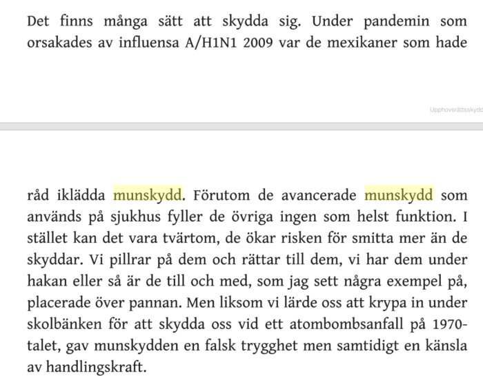 En skärmdump av en text som diskuterar effektiviteten av munskydd under pandemin.