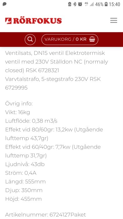 Skärmdump av produktspecifikation för ventilpaket med tekniska data såsom effekt vid olika temperaturer, ljudnivå och storlek.