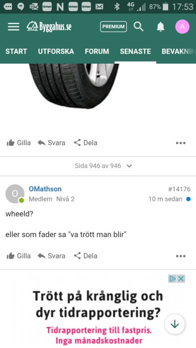 Skärmbild från byggforum visar en bilannons och en kommentar om reklam.