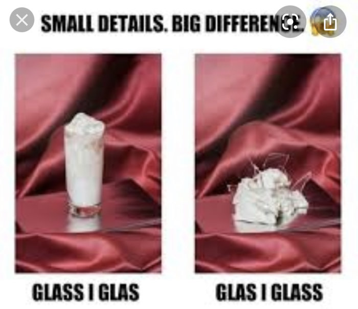 Jämförelse av glass i ett upprätt och ett omkullvält glas mot röd satinbakgrund med texten "SMALL DETAILS. BIG DIFFERENCE.