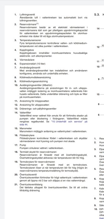 Sida från en manual om värmesystem innefattande text och numrerad lista med komponenter och funktioner.