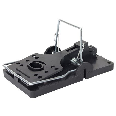 Svart musfälla från Jula, redo att användas, mot vit bakgrund.