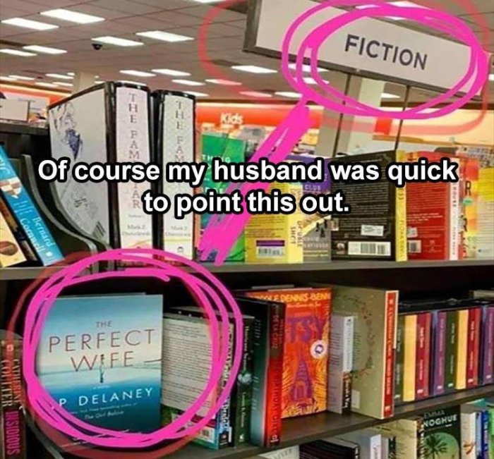 Bokhandelshylla med skylt som säger 'FICTION', boktitel "THE PERFECT WIFE" inringad med kommentar.