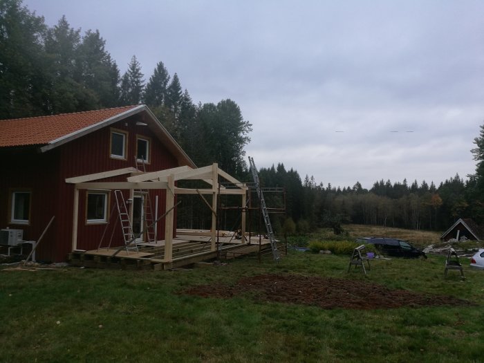 Konstruktion av uterum vid röd stuga med byggnadsställning och halvfärdigt tak.