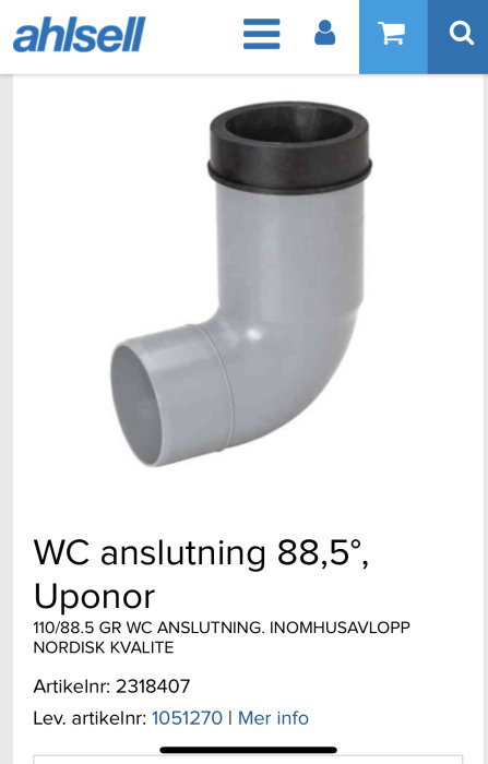 WC-anslutning på 88,5 grader från Uponor, avsedd för inomhusavlopp.