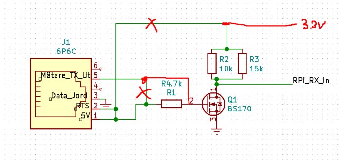 Elektroniskt kopplingsschema med FET-transistor, motstånd och anslutningar till mikrokontroller.