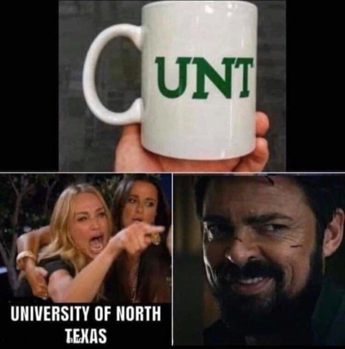 Kaffemugg med texten "UNT", reaktioner från två personer, text "UNIVERSITY OF NORTH TEXAS".