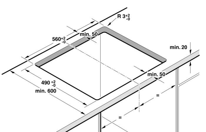 Teknisk ritning som visar installationsmått för en induktionshäll från 2009.