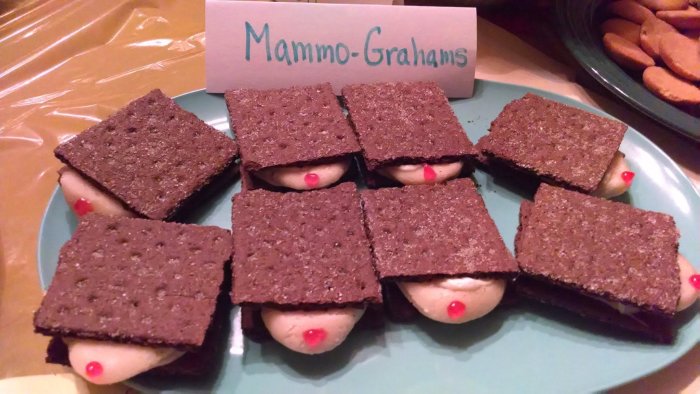 Kex med marzipan och röd dekoration som liknar bröstkorgar, skylt med text "Mammo-Grahams".