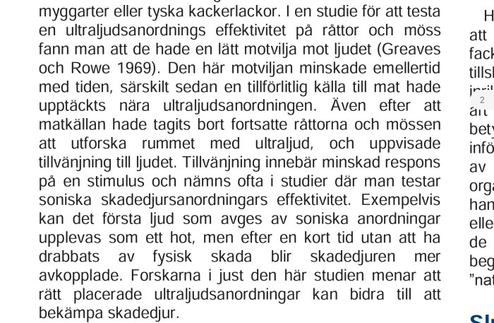 Artikeltext om en studie från 1969 som diskuterar ultraljudsanordningars effekt på råttor och möss.