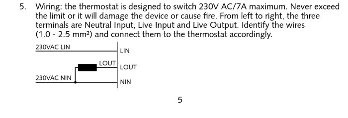 Schematisk bild av termostatanslutningar med etiketter för Neutral Input, Live Input, Live Output och varningar om maxspänning.