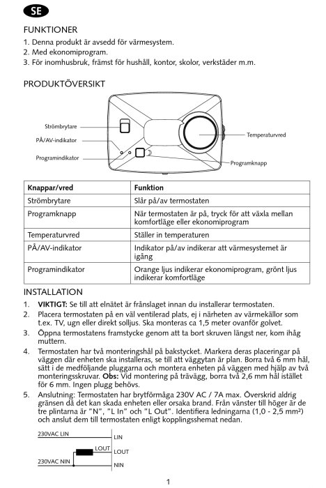 Instruktionssida för installation av termostat med diagram över knappar och funktionsbeskrivningar samt kopplingsschema.