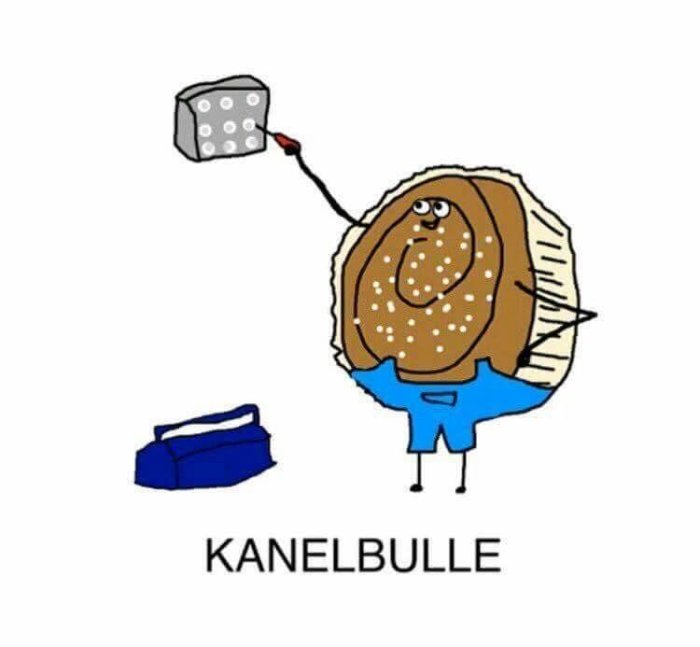 Animerad figur med ett kanelbullehuvud och mänsklig kropp håller i en murarhink, bredvid en murarbalja, med texten "KANELBULLE".