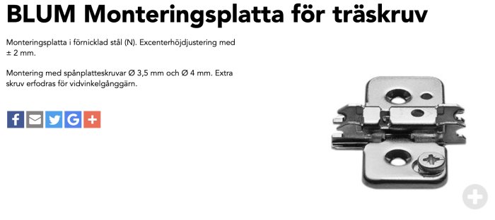 Närbild på en BLUM monteringsplatta för tråskruv med excenterhöjdjustering.