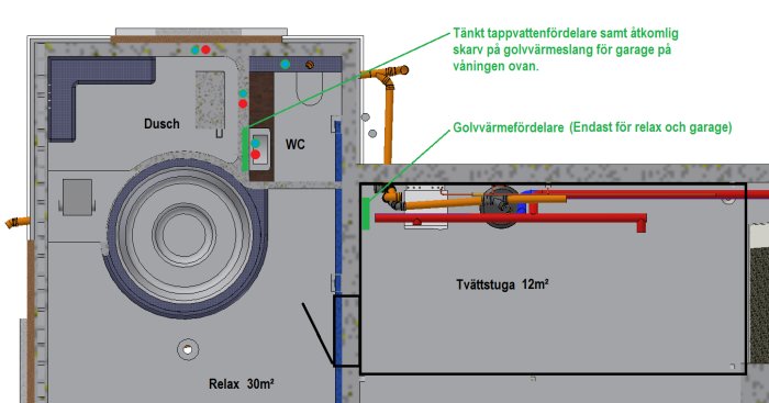 Ritning av källarplan med markerade platser för värmefördelare, tappvatten och golvvärmeslinga.