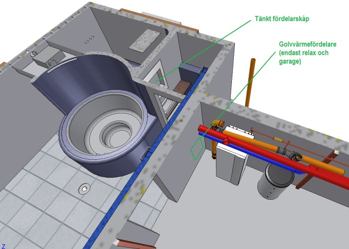 3D-modell av källarrenovering med planerade installationer för golvvärmefördelare och tänkt fördelarskåp.