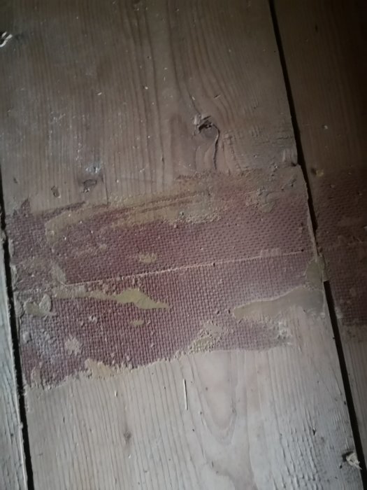 Gammalt plankgolv med rester av fastsittande, äldre linoleummaterial.