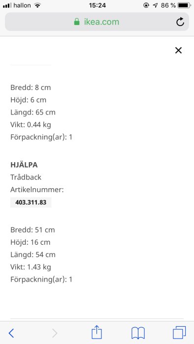 Skärmdump från IKEA webbsida som visar mått och artikelnummer för en HJÄLPA trådback, 51 cm bred.