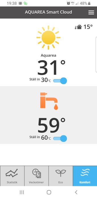 Skärmbild av Aquarea Smart Cloud app som visar inställningar för rumstemperatur på 31°C och vattnets temperatur på 59°C.