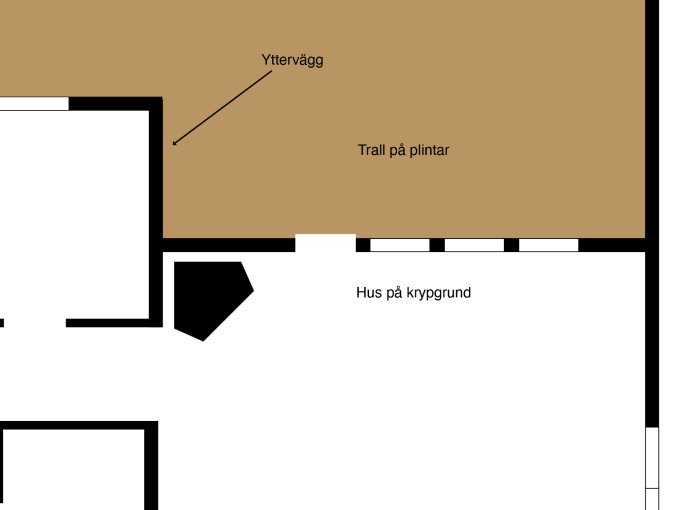 Skiss över husets nuvarande grundplan med markerad yttre vägg och planerad trall på plintar för utbyggnad.