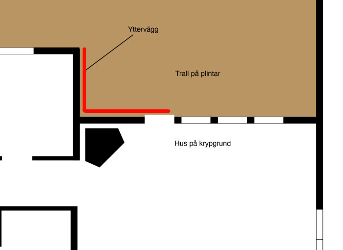 Planskiss över tänkt utbyggnad av vardagsrum med markerade yttre väggar och trätrall på plintar.