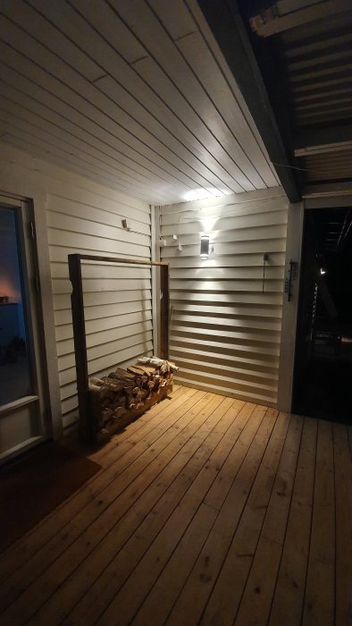 Nuvarande veranda med trägolv och väggar under ett vitt sluttande tak med en vedhög och utomhusbelysning.