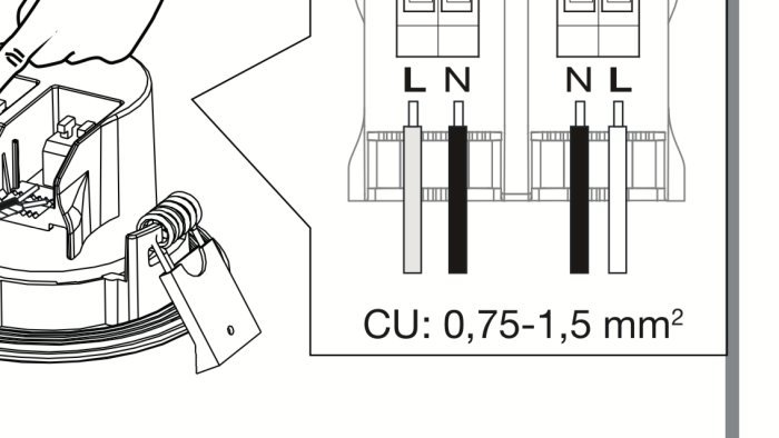 Illustration av elanslutning enligt Biltemas installationsguide med specifikationen 0,75-1,5 mm² kabelarea.