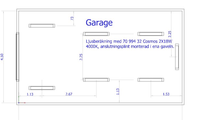 Ritning av en garageplan med mått och placering av Malmbergs Cosmos ledarmaturer.