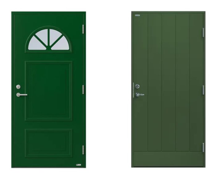Två dörrar bredvid varandra, den till vänster med klarare grön färg och fönster, den till höger i dova grönt.
