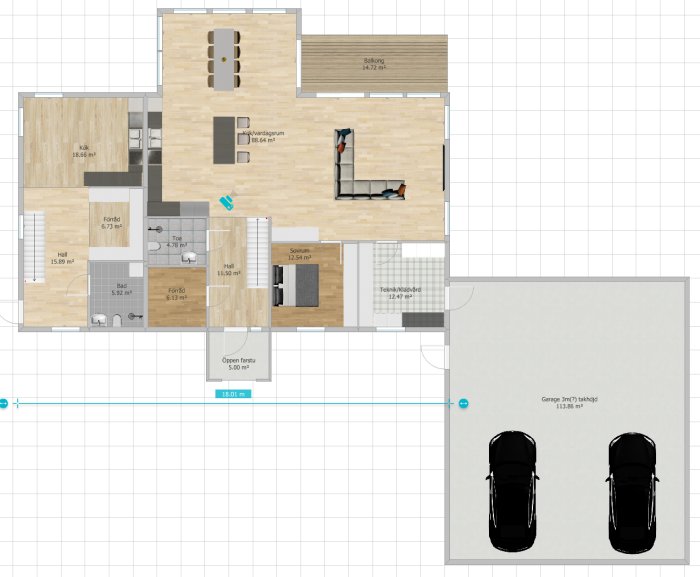 Översiktsritning av ett tvåvåningshus med detaljerad planlösning inklusive kök, vardagsrum, garage och sovrum, samt måttangivelser.