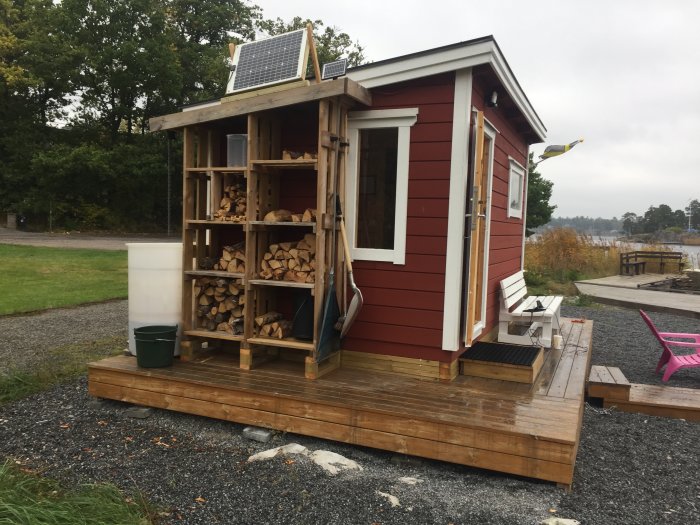 Rödmålad bastustuga med solpanel på tak och vedhylla utomhus, intill en sjö.