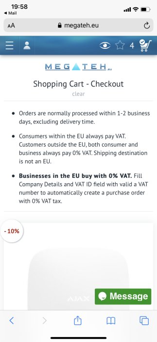 Skärmdump av en webbutikskassa visar momsregler för EU-konsumenter och företag samt en -10% erbjudanderabatt.