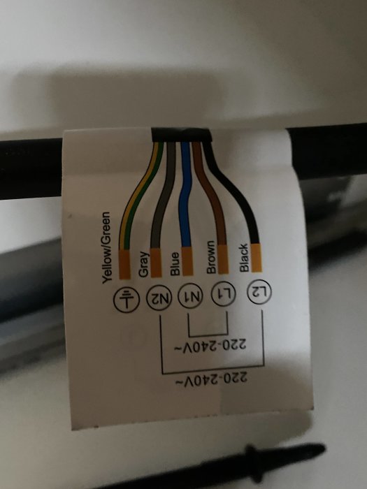 Etikett på en elektrisk enhet med färgkodad trådanslutningsschema, inklusive gul/grön, grå, blå, brun och svart.