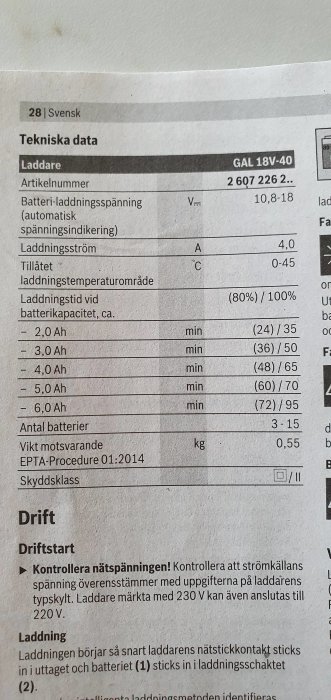 Tekniska data för en Bosch GAL 18V-40 laddare med laddningstid för olika batterikapaciteter.